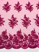 Floral Lace Flower Fabric - Fuchsia - Floral Embroidered Fabric with Sequins on Lace By Yard