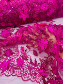 3D Flower Glitter Fabric - Fuchsia - Floral Glitter Sequin Design on Lace Mesh Fabric by Yard
