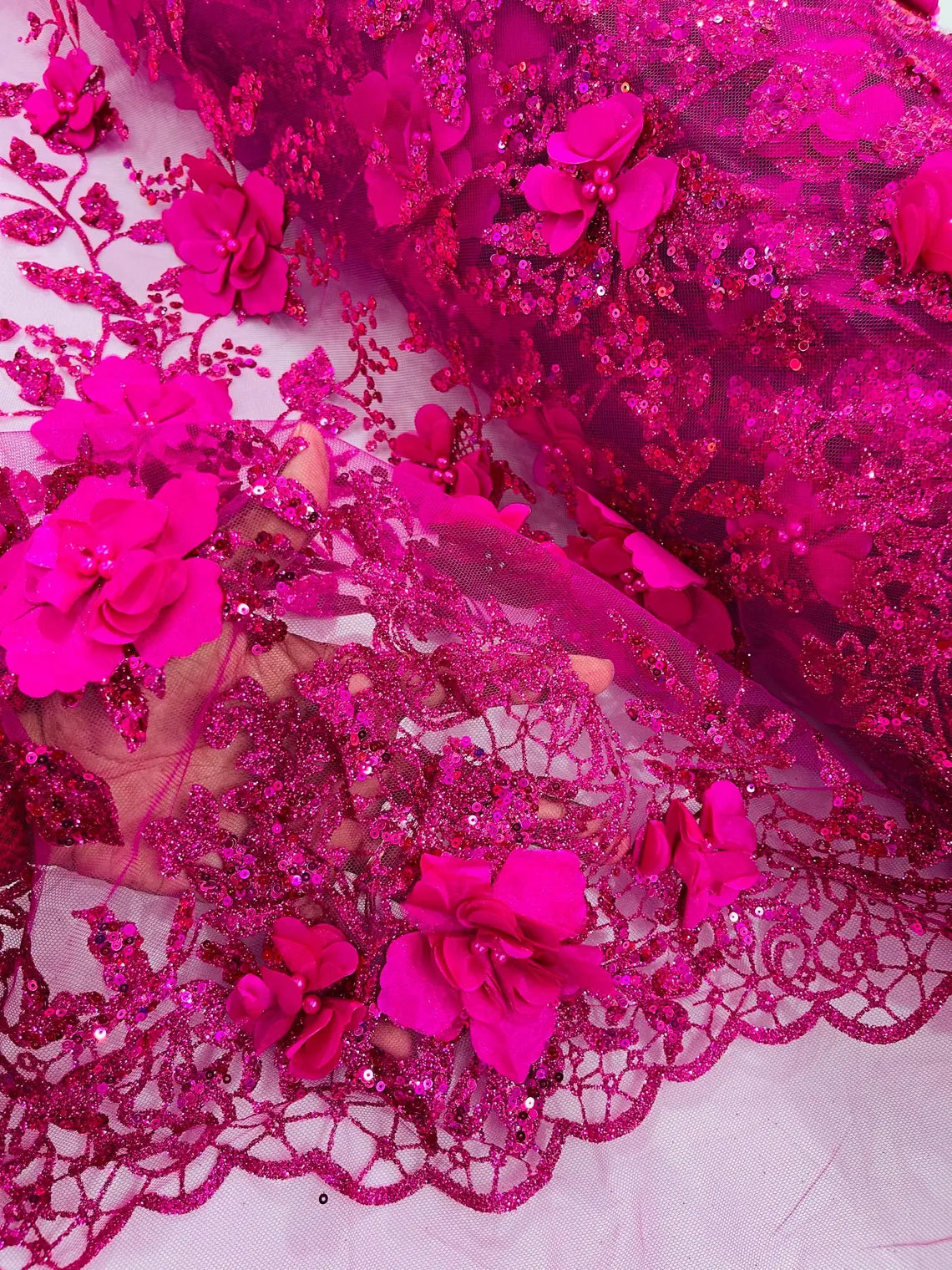 3D Big Flower Glitter Fabric - Fuchsia - Floral Glitter Sequin Design on Lace Mesh Fabric by Yard