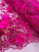 3D Big Flower Glitter Fabric - Fuchsia - Floral Glitter Sequin Design on Lace Mesh Fabric by Yard