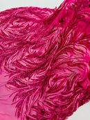 Leaf Design Stretch Sequins - Fuchsia - 4 Way Stretch Lace Mesh Sequins Fabric by Yard