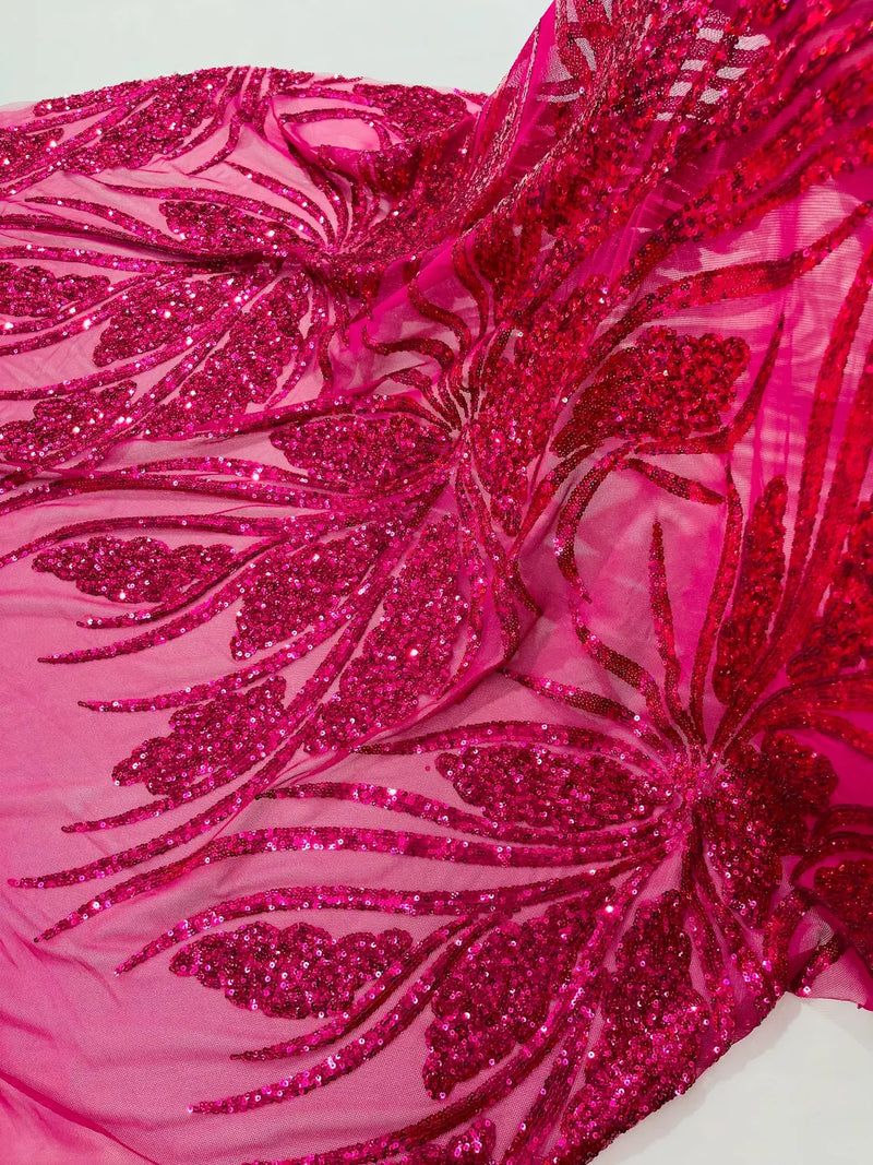 Wavy Leaf Sequins Fabric - Fuchsia - Wavy Lines and Leaves Design on Lace Mesh Fabric by Yard