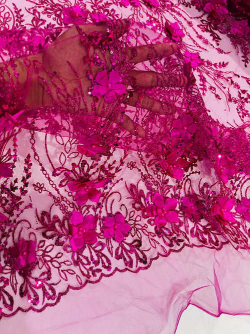 3D Glitter Floral Design Fabric - Fuchsia - Floral Line Design Embroidered Sequins Fabric by Yard