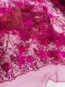 3D Glitter Floral Design Fabric - Fuchsia - Floral Line Design Embroidered Sequins Fabric by Yard