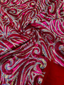 Tribal Swirl Spandex Fabric - Fuchsia - Hologram Metallic 4-Way Stretch Milliskin Fabric by Yard