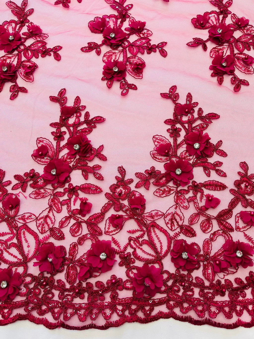 3D Embroidered Floral Fabric - Fuchsia - 3D Rhinestone and Sequins Floral Fabric Sold By Yard
