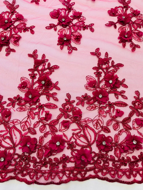 3D Embroidered Floral Fabric - Fuchsia - 3D Rhinestone and Sequins Floral Fabric Sold By Yard