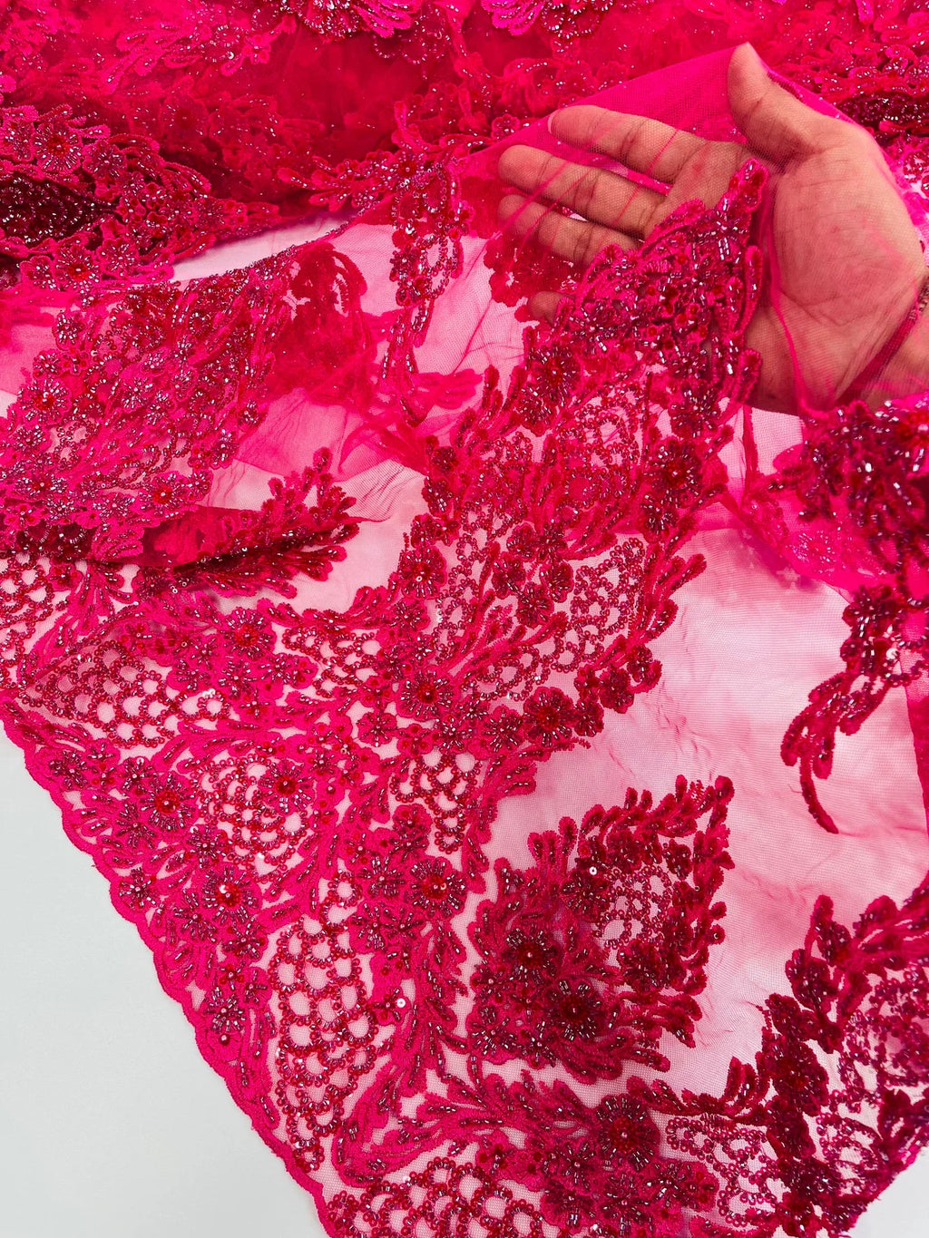 Heavy Bead Floral Fabric - Fuchsia - Beaded Flower Design Fabric Fancy Border By Yard