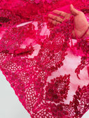 Heavy Bead Floral Fabric - Fuchsia - Beaded Flower Design Fabric Fancy Border By Yard
