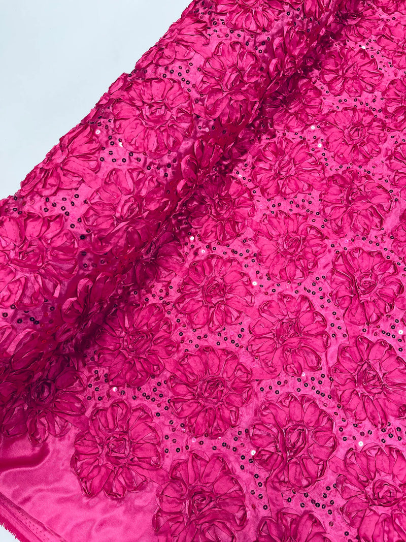 Satin Rosette Sequins Fabric - Fuchsia - 3D Rosette Satin Rose Fabric with Sequins By Yard