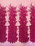 3D Beaded Peacock Feathers - Fuchsia - Vegas Design Embroidered Sequins and Beads On a Mesh Lace Fabric (Choose The Panels)