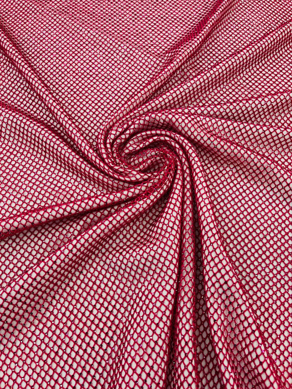 Fish Net Spandex Rhinestone Fabric - Fuchsia - Solid Spandex Fish Net Design Fabric with Rhinestones by Yard