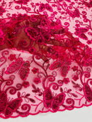 Butterfly Swirl Lace Fabric - Fuchsia - Metallic Sequins Design on Lace Fabric By Yard