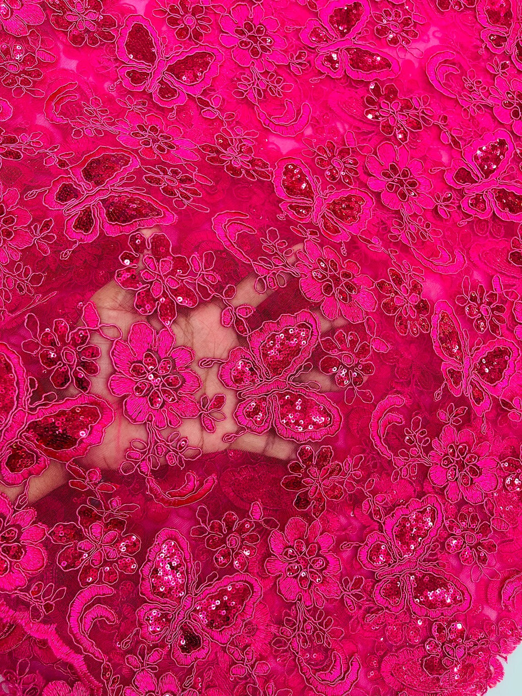 Butterfly Sequins Fabric - Fuchsia - Metallic Floral Butterfly Design on Lace Fabric By Yard