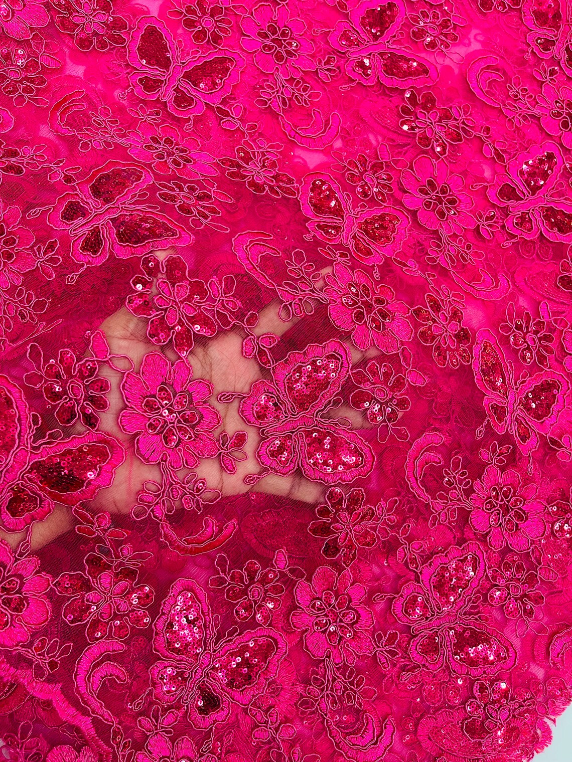 Butterfly Sequins Fabric - Fuchsia - Metallic Floral Butterfly Design on Lace Fabric By Yard