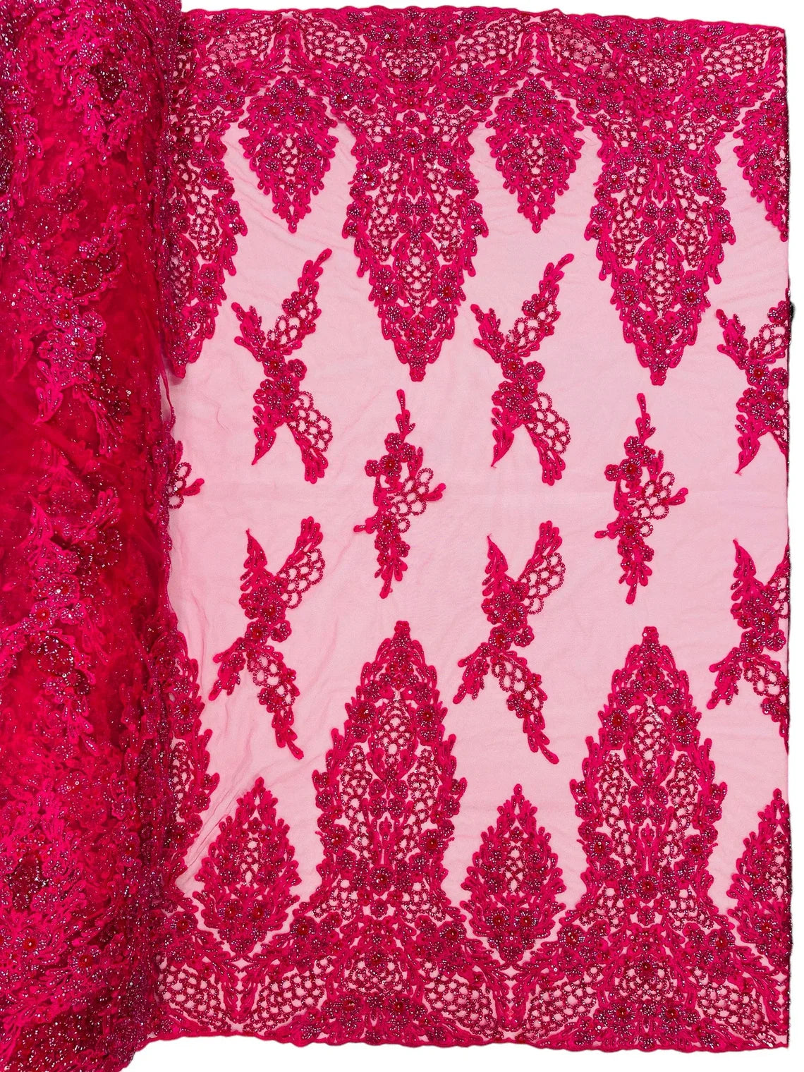 Heavy Bead Floral Fabric - Fuchsia - Beaded Flower Design Fabric Fancy Border By Yard