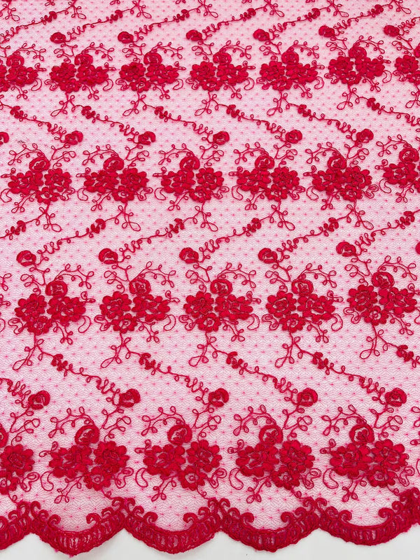 Embroidered Flower Fabric - Fuchsia - Floral Design Scalloped Border Fabric By Yard