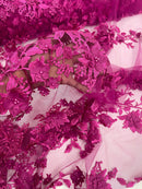 Flower 3D Fabric - Fuchsia - Embroided Fabric Flower Pearls and Leaf Decor Sold by The Yard