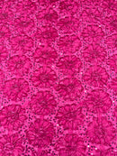 Satin Rosette Sequins Fabric - Fuchsia - 3D Rosette Satin Rose Fabric with Sequins By Yard