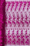 3D Glitter Floral Design Fabric - Fuchsia - Floral Line Design Embroidered Sequins Fabric by Yard