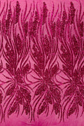Wavy Leaf Sequins Fabric - Fuchsia - Wavy Lines and Leaves Design on Lace Mesh Fabric by Yard