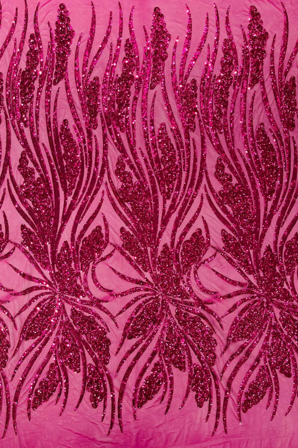 Wavy Leaf Sequins Fabric - Fuchsia - Wavy Lines and Leaves Design on Lace Mesh Fabric by Yard