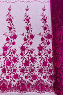 3D Big Flower Glitter Fabric - Fuchsia - Floral Glitter Sequin Design on Lace Mesh Fabric by Yard
