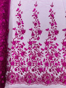 3D Flower Glitter Fabric - Fuchsia - Floral Glitter Sequin Design on Lace Mesh Fabric by Yard