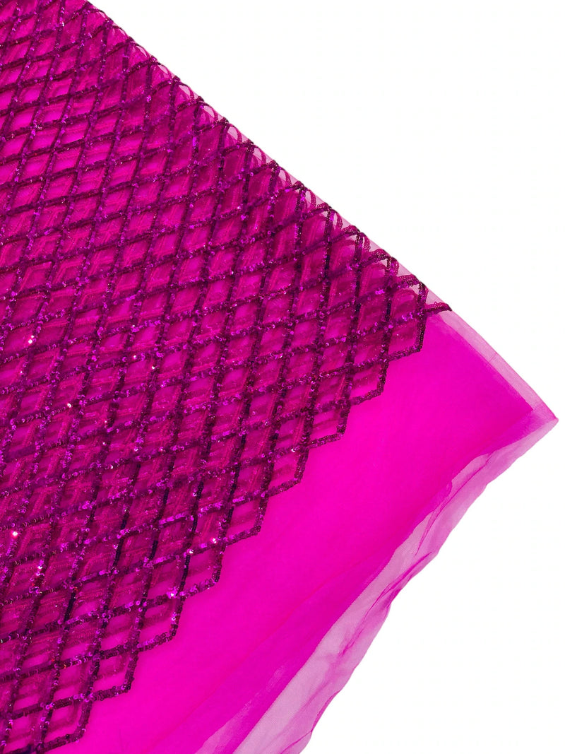 Diamond Sequins Fabric - Fuchsia - Diamond Geometric Net Design on Mesh Lace Fabric By Yard