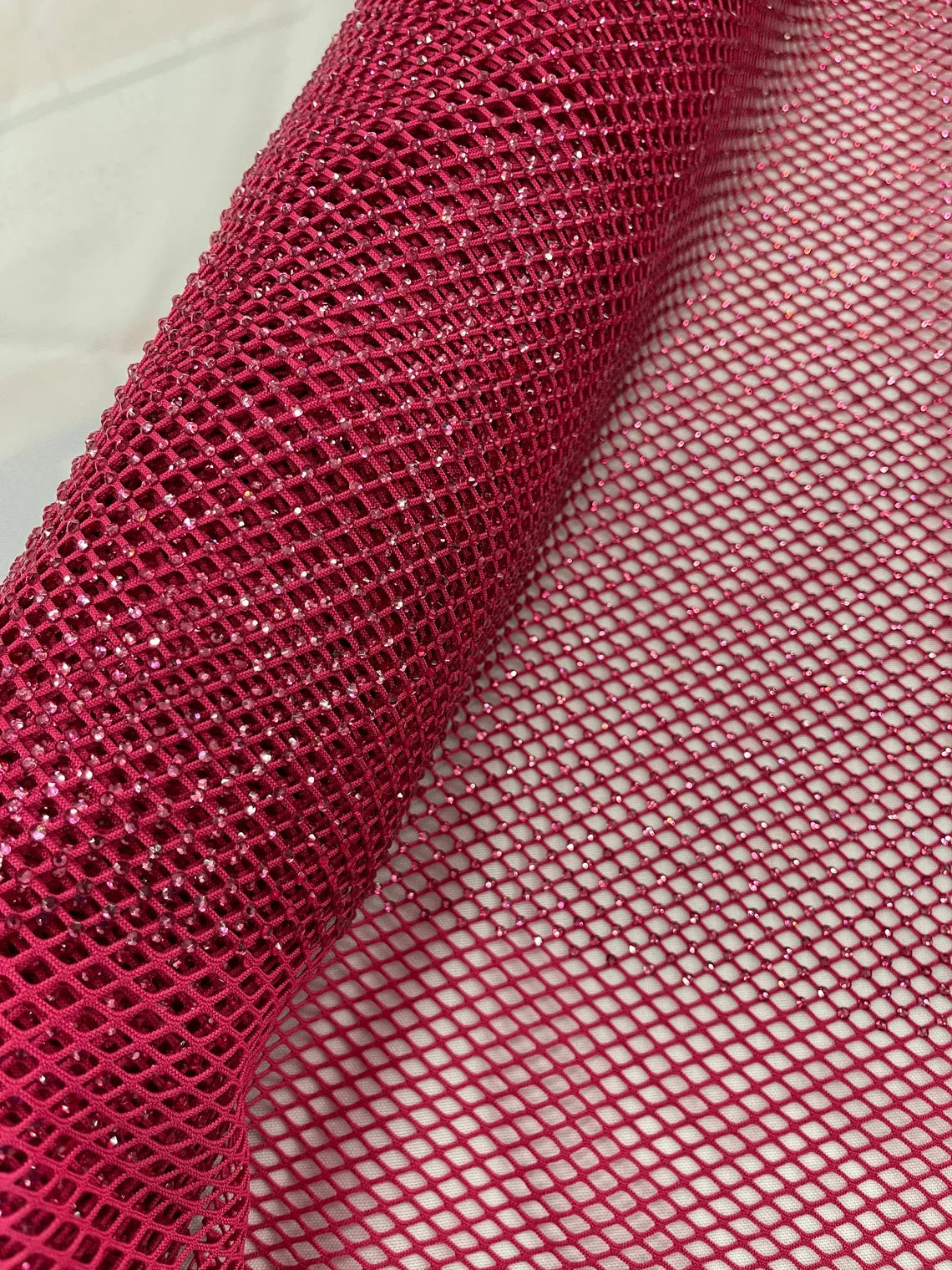 Fish Net Spandex Rhinestone Fabric - Fuchsia - Solid Spandex Fish Net Design Fabric with Rhinestones by Yard