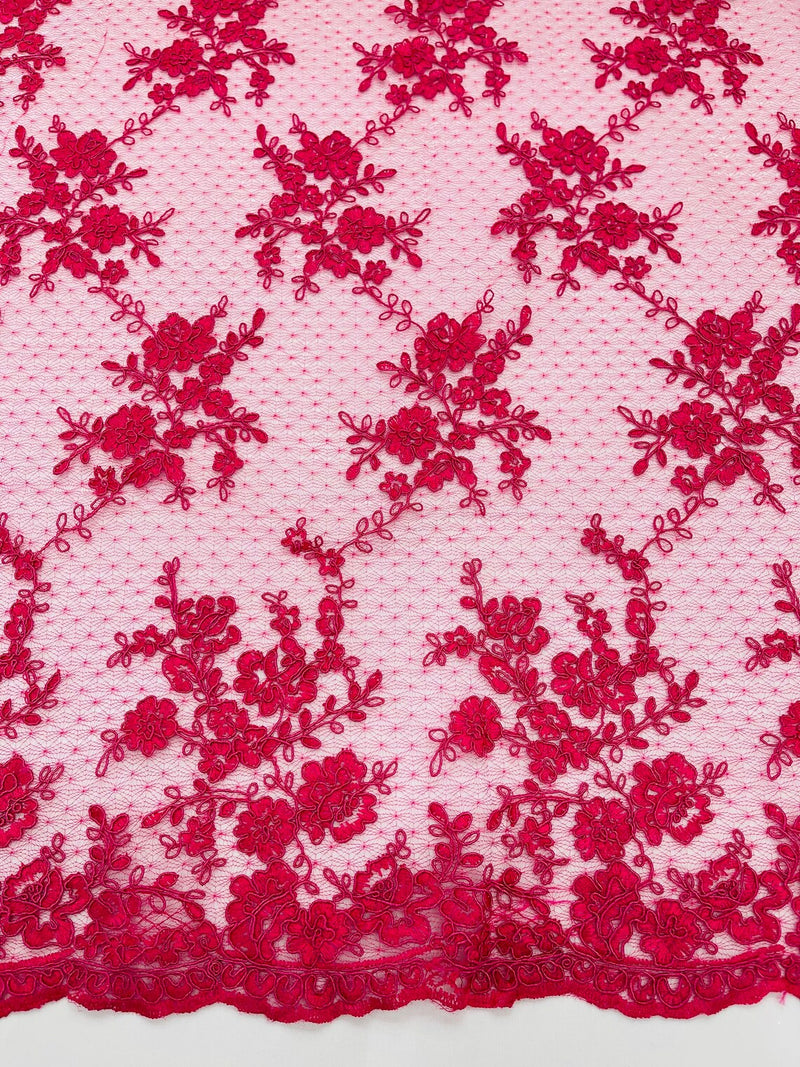 Embroidered Corded Lace Fabric - Fuchsia - Cluster Fancy Flower Embroidered Lace Fabric By Yard