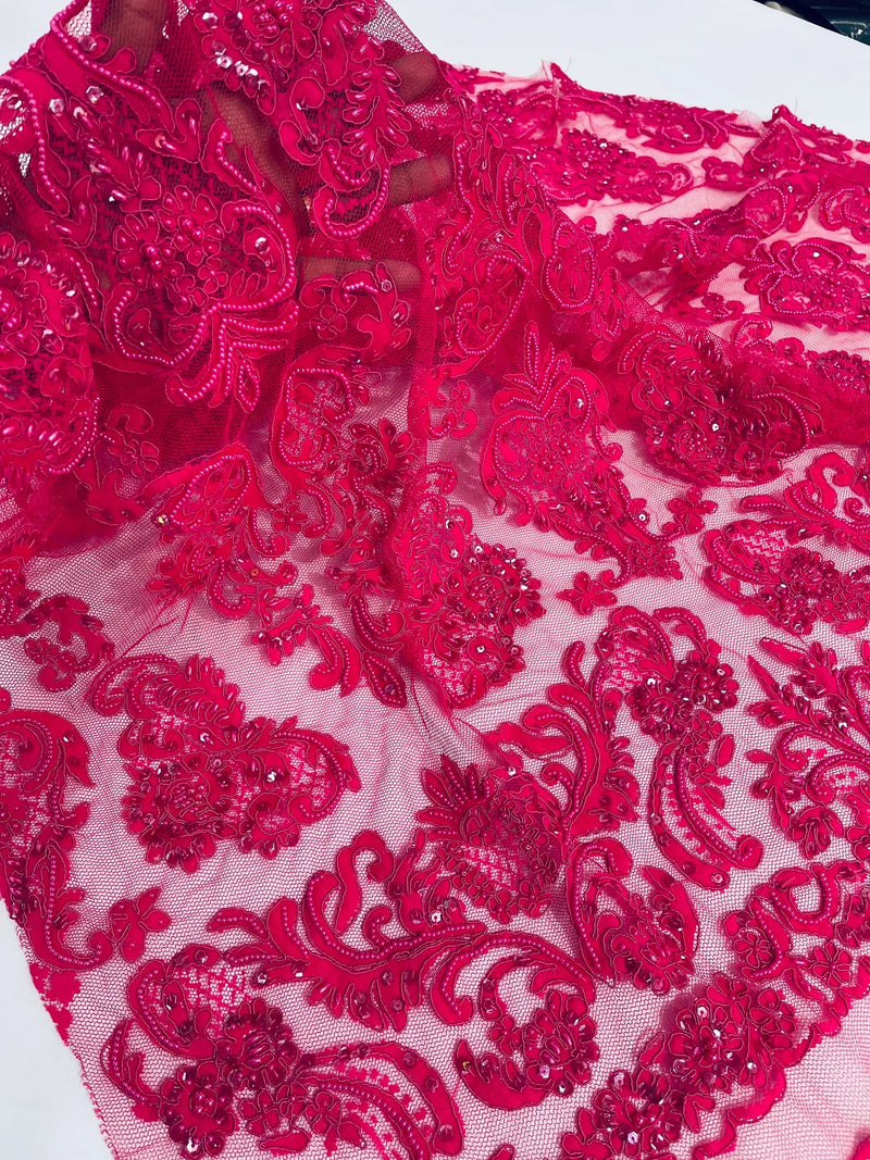 Beaded My Lady Damask Design - Fuchsia - Beaded Fancy Damask Embroidered Fabric By Yard