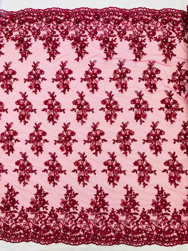 3D Embroidered Floral Fabric - Fuchsia - 3D Rhinestone and Sequins Floral Fabric Sold By Yard