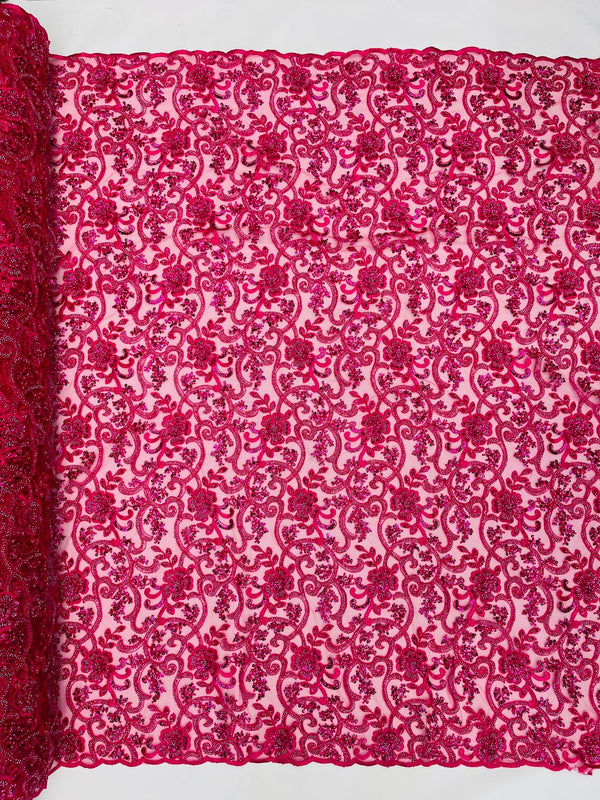 Embroidery Floral Bead Fabric - Fuchsia - Bridal Embroidery Beaded Floral  Fabric Sold by Yard