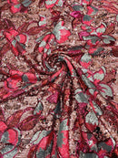 Orchid Design Sequins - Fuchsia - 4 Way Stretch Full Sequins Floral Design Mesh Fabric By Yard