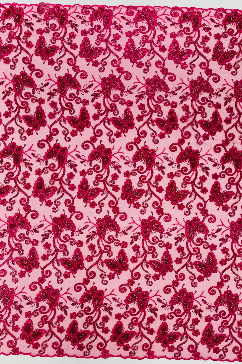 Butterfly Swirl Lace Fabric - Fuchsia - Metallic Sequins Design on Lace Fabric By Yard