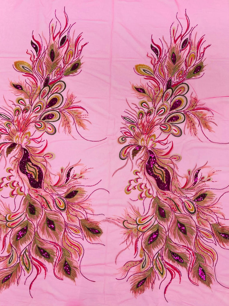 Peacock Feathers Lace Fabric - Fuchsia - Peacock Feather Design on Lace Mesh Fabric Sold by Panel