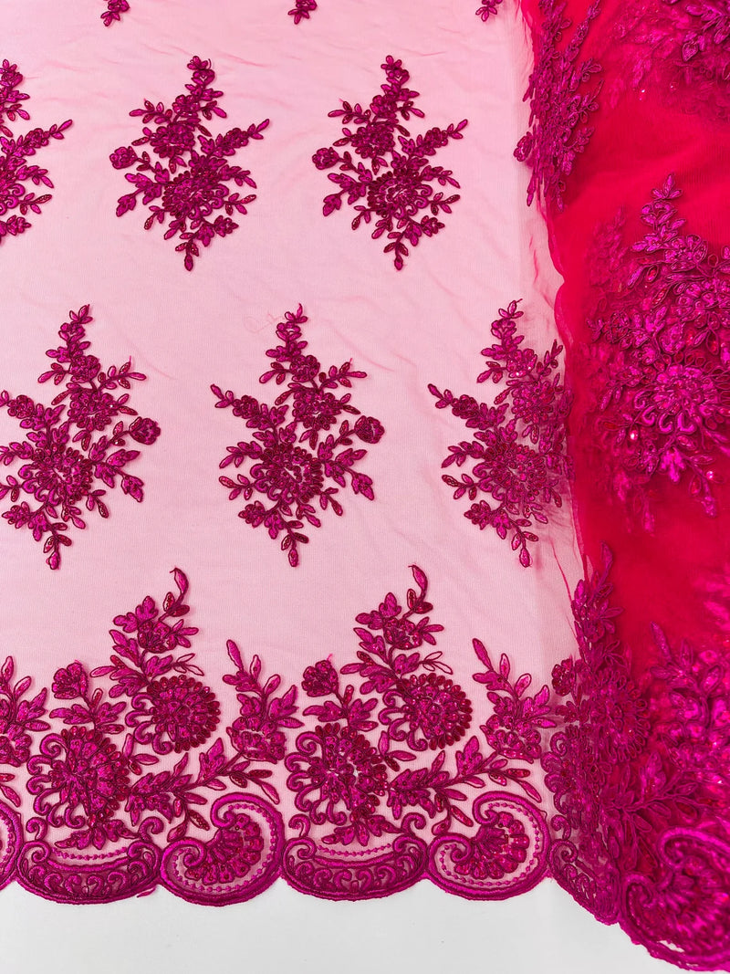 Floral Lace Flower Fabric - Fuchsia - Floral Embroidered Fabric with Sequins on Lace By Yard