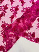 3D Flower Cluster Fabric - Fuchsia - 3D Flower Leaf Design Fabric with Pearls Sold By Yard