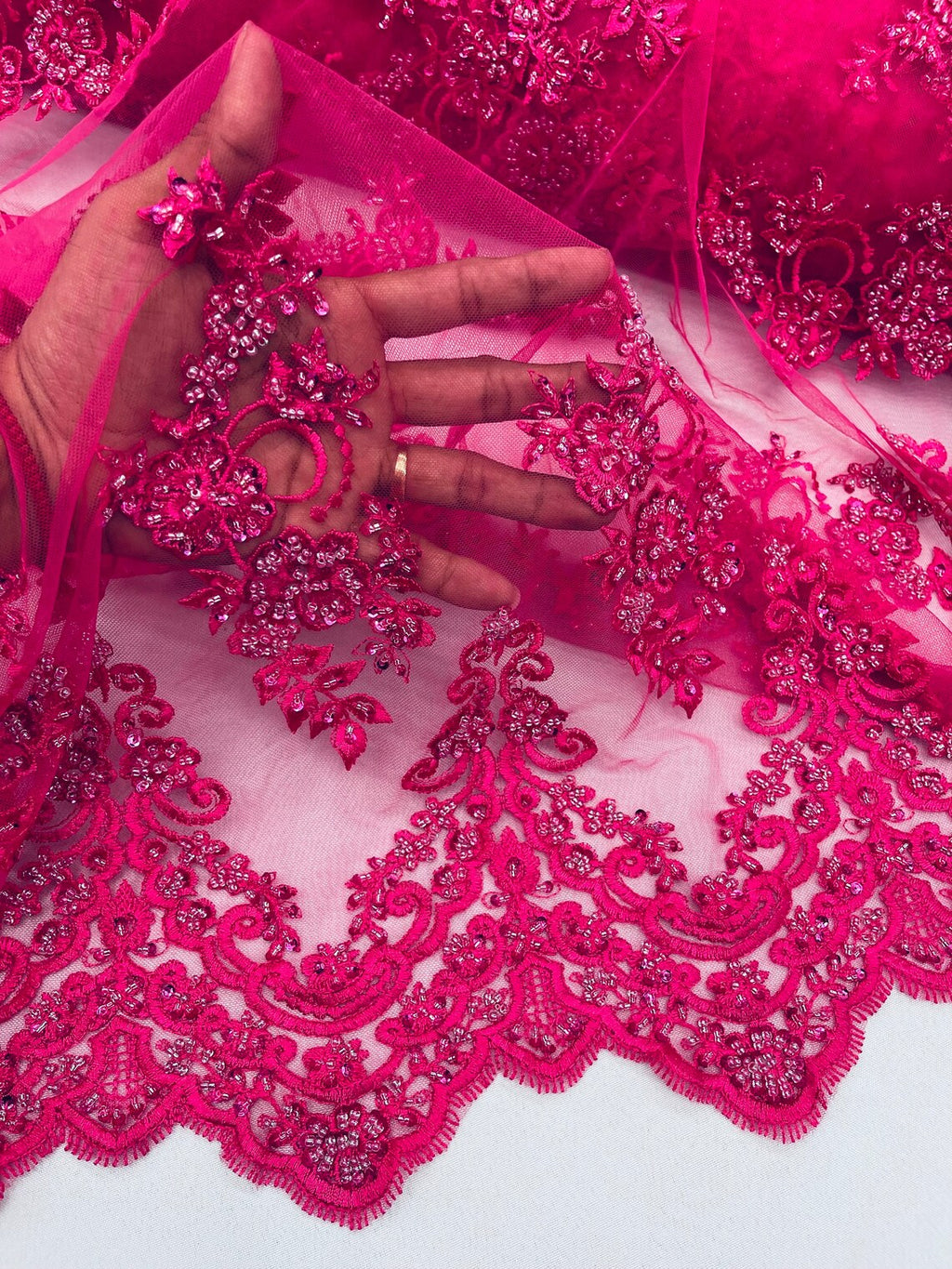 Beaded Floral Fabric - Fuchsia - Embroidered Flower Cluster Beaded Fabric Sold By Yard