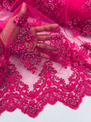 Beaded Floral Fabric - Fuchsia - Embroidered Flower Cluster Beaded Fabric Sold By Yard