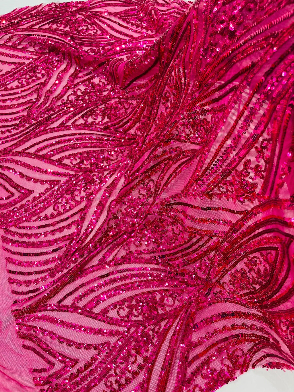 Curvy Line Design Fabric - Fuchsia - 4 Way Stretch Sequins Design Mesh Lace Fabric by Yard