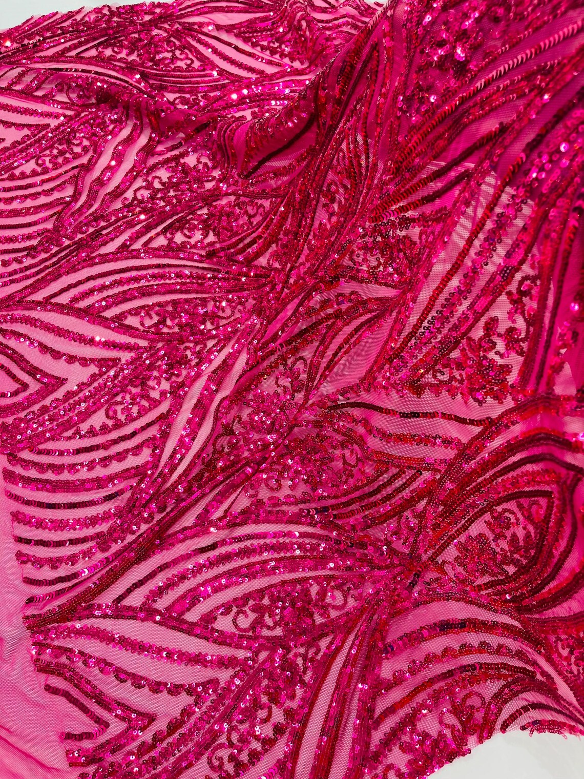 Curvy Line Design Fabric - Fuchsia - 4 Way Stretch Sequins Design Mesh Lace Fabric by Yard