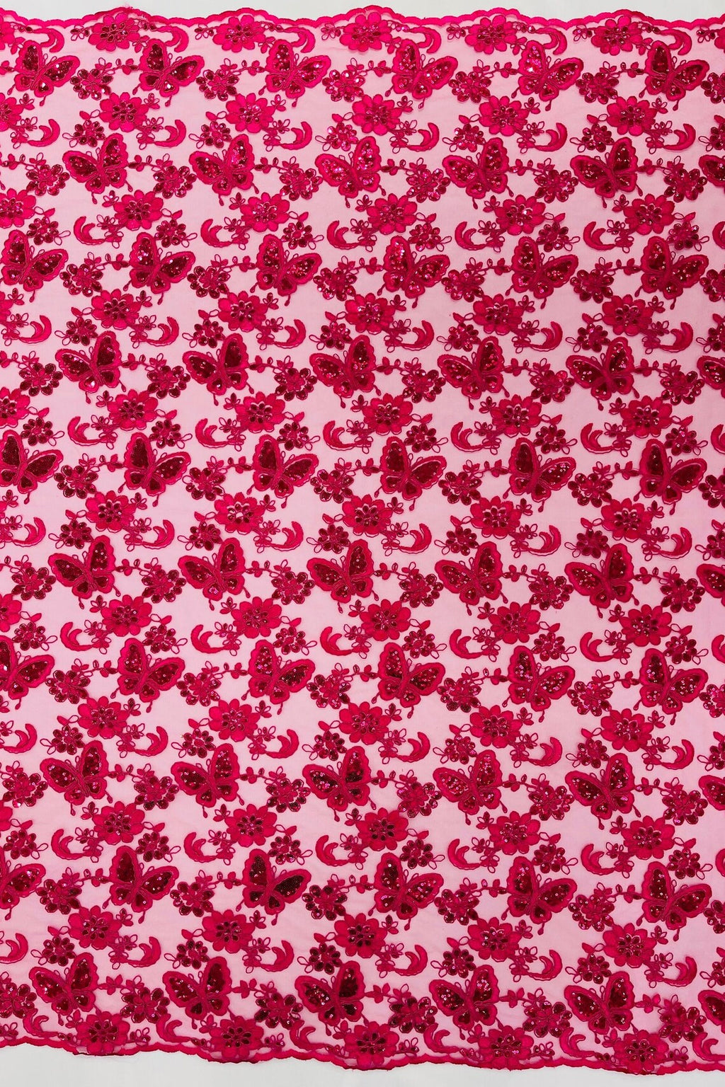 Butterfly Sequins Fabric - Fuchsia - Metallic Floral Butterfly Design on Lace Fabric By Yard