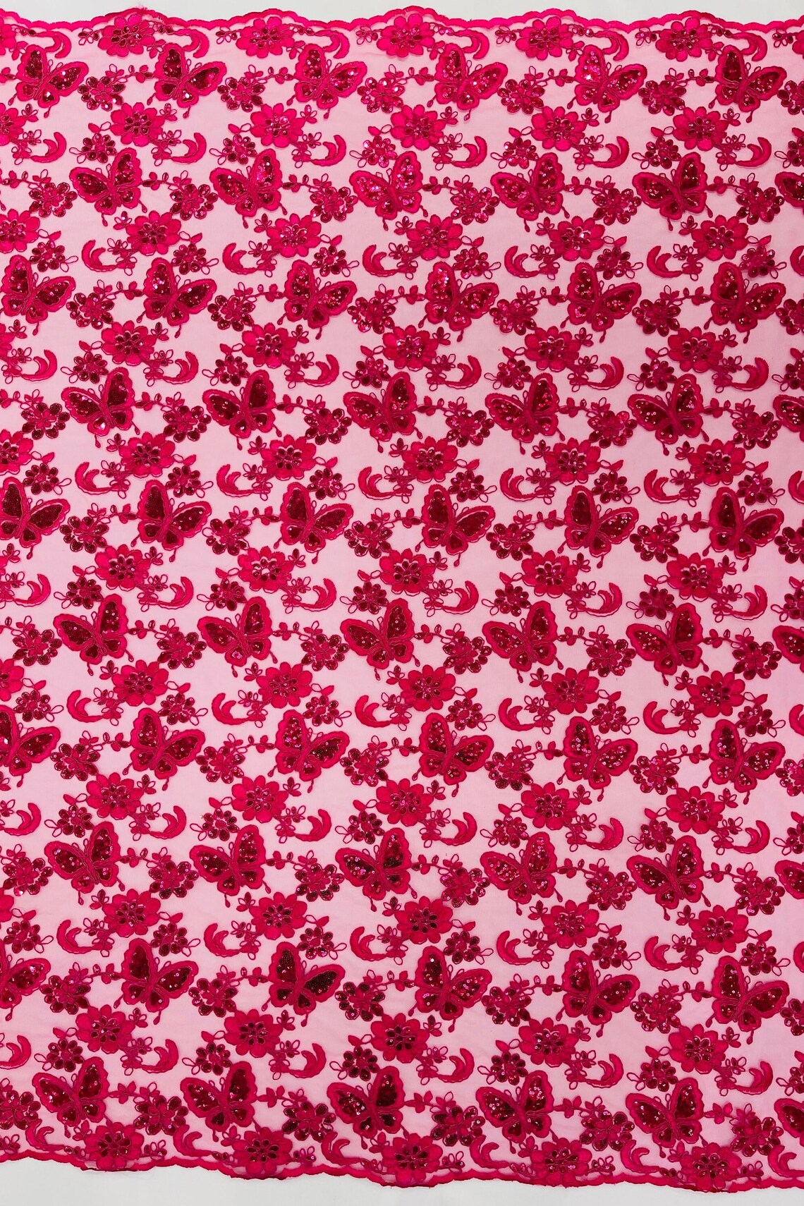 Butterfly Sequins Fabric - Fuchsia - Metallic Floral Butterfly Design on Lace Fabric By Yard