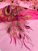 Peacock Feathers Lace Fabric - Fuchsia - Peacock Feather Design on Lace Mesh Fabric Sold by Panel