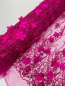 3D Glitter Floral Design Fabric - Fuchsia - Floral Line Design Embroidered Sequins Fabric by Yard