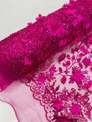 3D Flower Glitter Fabric - Fuchsia - Floral Glitter Sequin Design on Lace Mesh Fabric by Yard