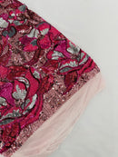Orchid Design Sequins - Fuchsia - 4 Way Stretch Full Sequins Floral Design Mesh Fabric By Yard