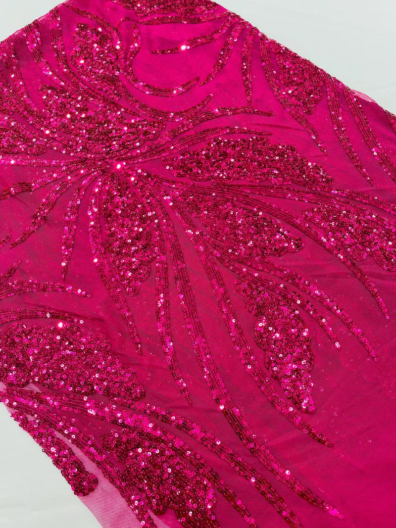 Wavy Leaf Sequins Fabric - Fuchsia - Wavy Lines and Leaves Design on Lace Mesh Fabric by Yard